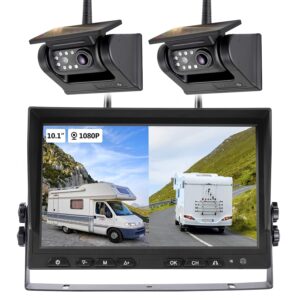10.1" - 2 Magnetic Solar Wireless Backup Camera, HD 1080P DVR Monitor, Dual RV Cameras System for Hitch Towing RV Camper Trailer, IR Night Vision, Rechargeable Battery, Type-C...