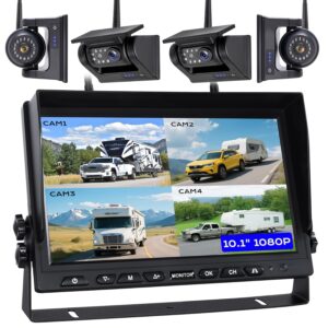 10.1" 4-Magnetic Wireless RV Backup Camera, HD1080P DVR Monitor, IP69 Waterproof & IR Night Vision 4x9600mAh Rechargeable Cameras, 2 Side Camera & 2 Rear Camera for Trailer...
