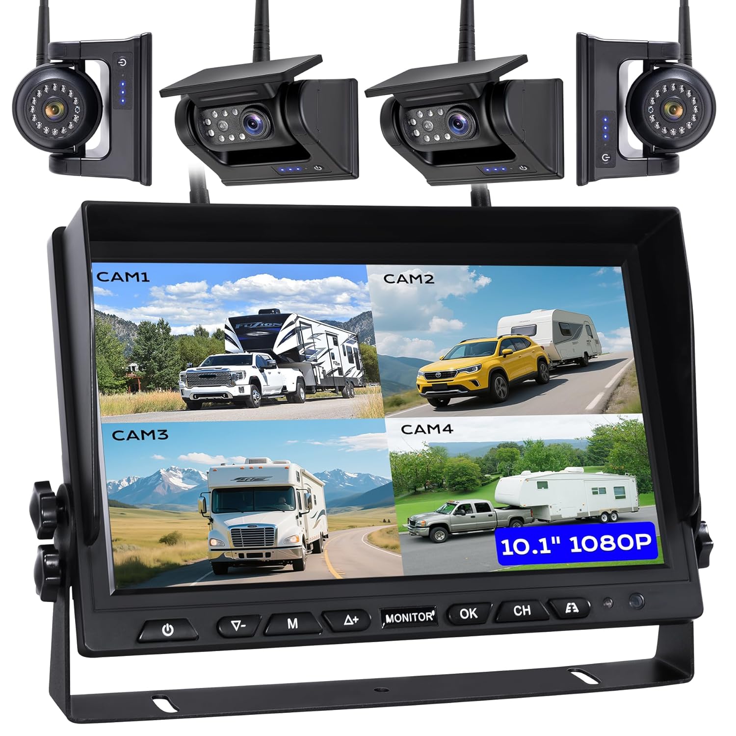 10.1" 4-Magnetic Wireless RV Backup Camera, HD1080P DVR Monitor, IP69 Waterproof & IR Night Vision 4x9600mAh Rechargeable Cameras, 2 Side Camera & 2 Rear Camera for Trailer...