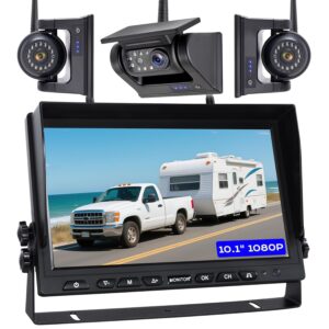 10.1" Magnetic Wireless RV Backup Camera System, 1 Rear Cameras & 2 Side Cameras for Reversing/Monitoring Trailer Camper, 1080P DVR Monitor, 3x9600mAh Waterproof IR Night Vision...