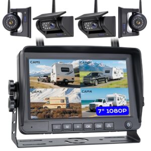 1080P 7" Magnetic Wireless RV Backup Camera System, 2 Rear Cameras + 2 Side Cameras for Reversing/Monitoring Trailer Camper, 1080P DVR Monitor, 4x9600mAh Waterproof IR Night...