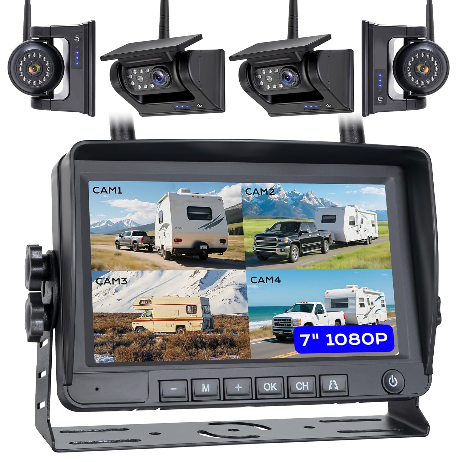 1080P 7" Magnetic Wireless RV Backup Camera System, 2 Rear Cameras + 2 Side Cameras for Reversing/Monitoring Trailer Camper, 1080P DVR Monitor, 4x9600mAh Waterproof IR Night...