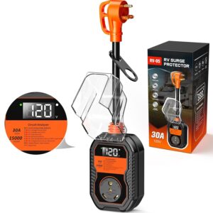 15,000J RV Surge Protector 30 Amp with LED Display, 30 Amp RV Surge Protector with Voltage Monitoring, Clear Error Codes, Comprehensive Detection, IP68 Waterproof Cover