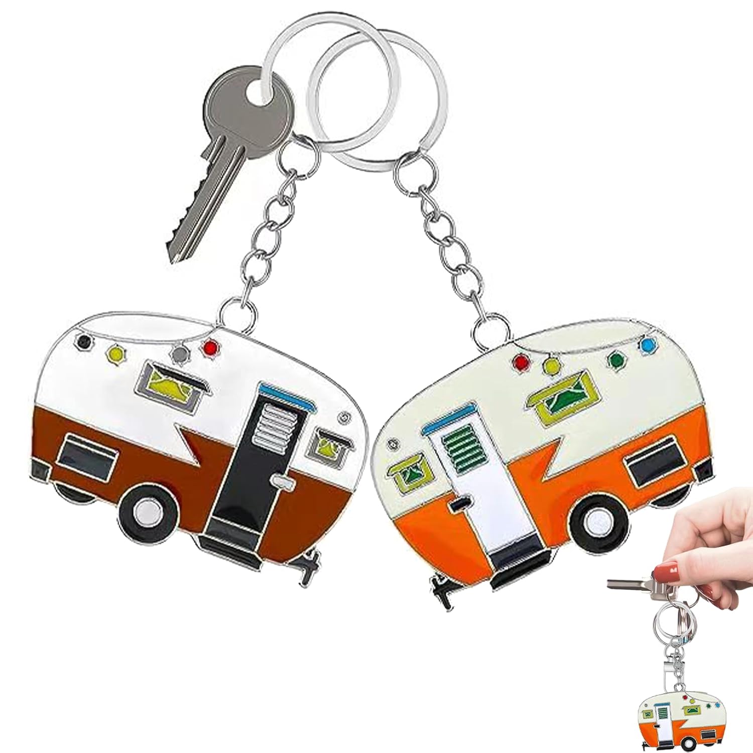 2 Pack Camper Keychain Set Happy RV Camper Keyring Couples Camping Accessories for Men Women Travel Trailers