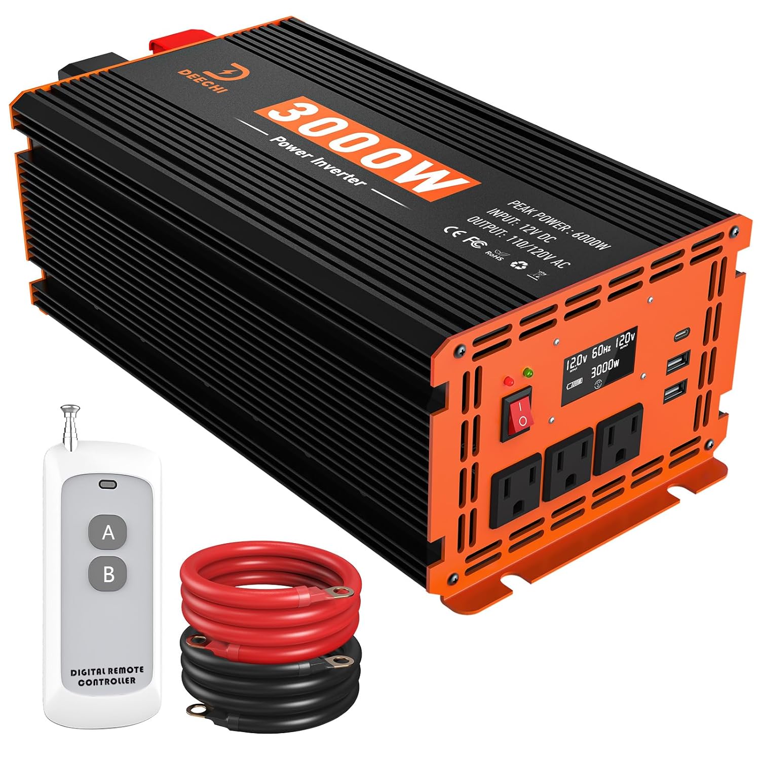 3000W Power Inverter 12V DC to 110V/120V AC Converter for RV/Truck/Boat/Camping/Off-Grid Solar Car Power Inverter Peak Power 6000W with 3 AC Outlets,USB & Type-C Port, Remote...