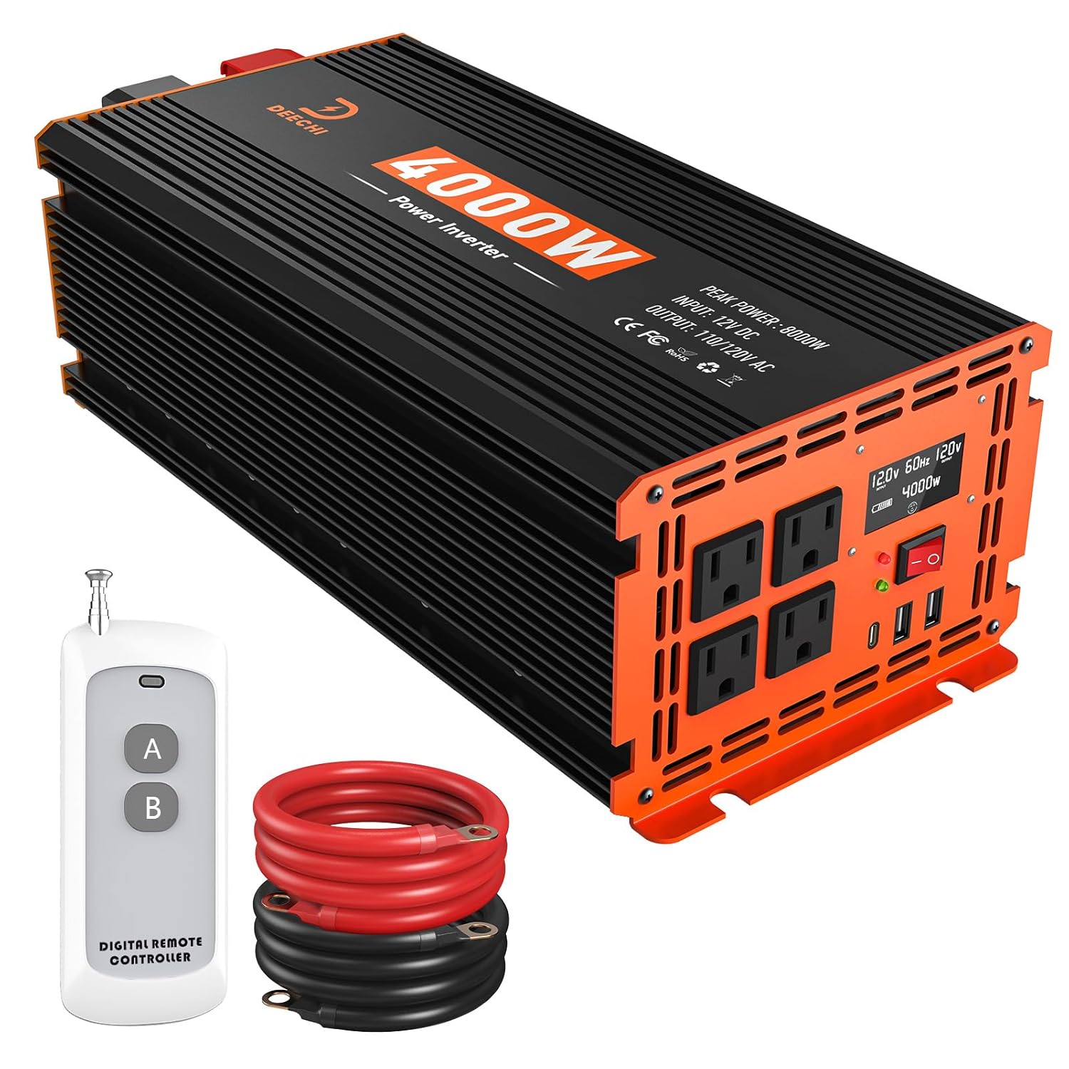 4000W Power Inverter 12V DC to 110V/120V AC Converter for RV/Truck/Boat/Camping/Off-Grid Solar Car Power Inverter Peak Power 8000W with 4 AC Outlets,USB & Type-C Port, Remote...