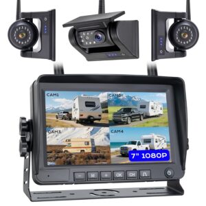 7" 3-Magnetic Wireless RV Backup Camera, HD1080P DVR Monitor, IP69 Waterproof & IR Night Vision 3x9600mAh Rechargeable Cameras, 2 Side Cameras & 1 Rear Camera for Trailer Truck...