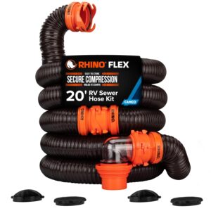 Camco RhinoFLEX 20-Ft RV Sewer Hose Kit - Features Clear Elbow Fitting w/Removable 4-in-1 Adapter - Connects to 3” Slip or 3”/3.5”/4” NPT Threaded Sewer Connection (39742)