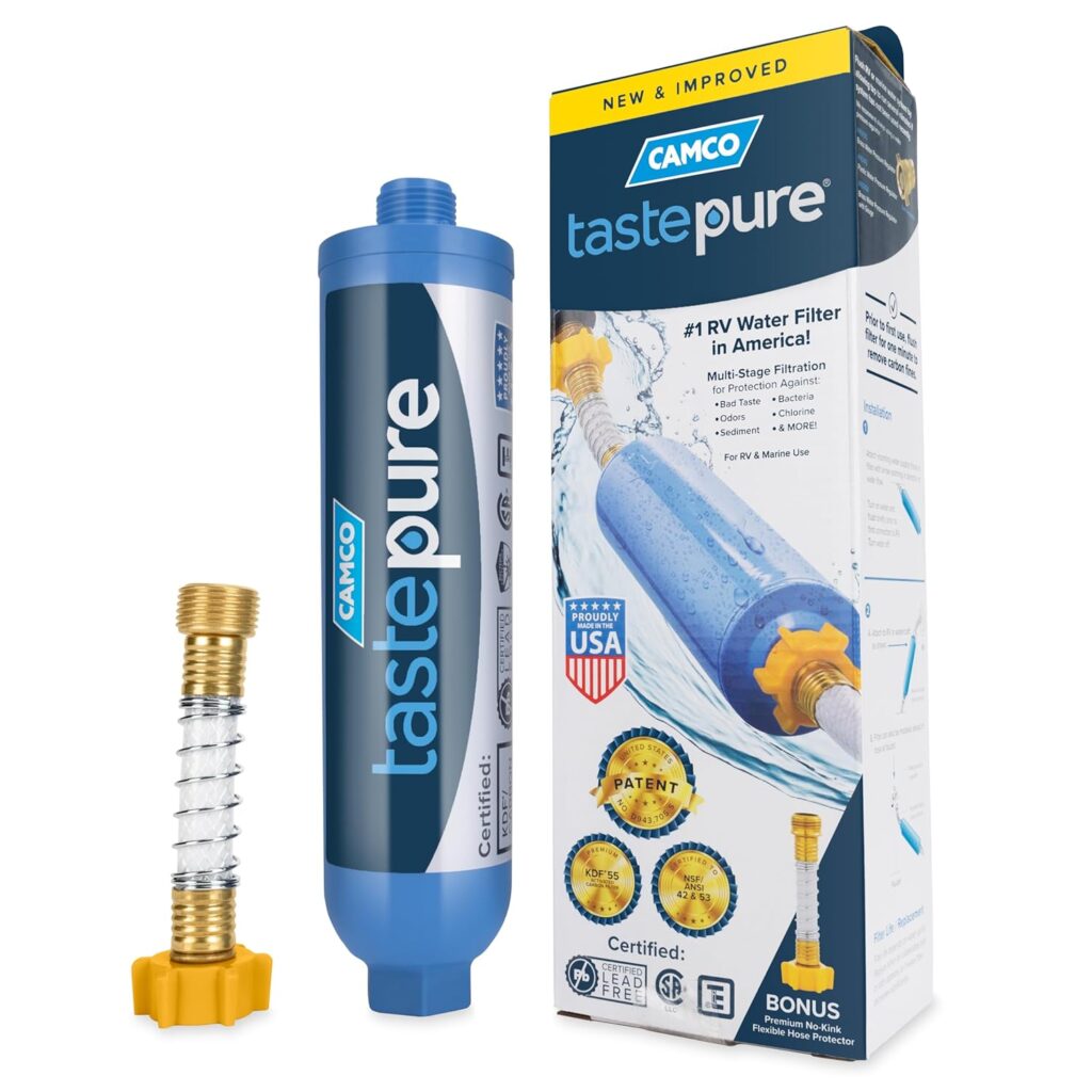 Camco Tastepure RV Water Filter - Advanced RV Inline Water Filter with Flexible Hose Protector - GAC & KDF Filtration - Made in USA - Camping Essentials for Fresh Drinking Water... Camco Tastepure RV Water Filter - Advanced RV Inline Water Filter with Flexible Hose Protector - GAC & KDF Filtration - Made in USA - Camping Essentials for Fresh Drinking Water...