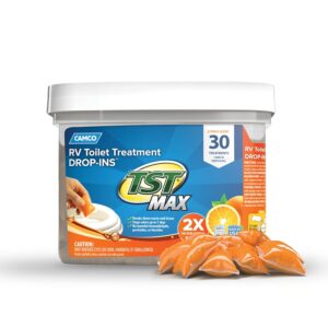Camco TST MAX RV Toilet Treatment Drop-INs - Control Unwanted Odors & Break Down Waste and Tissue - Safe Septic Tank Treatment - Orange Scent, 30-Pack (41183)