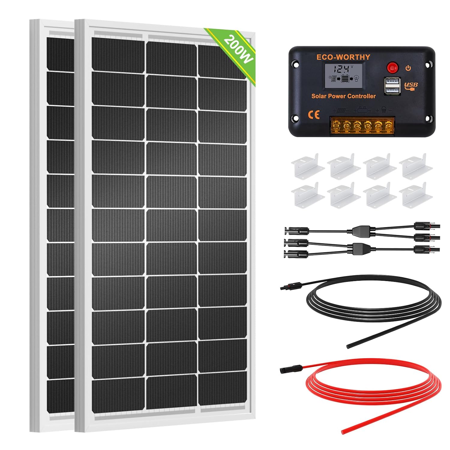 ECO-WORTHY 200 Watts 12 Volt/24 Volt Solar Panel Kit with High Efficiency Monocrystalline Solar Panel and 30A PWM Charge Controller for RV, Camper, Vehicle, Caravan and Other...
