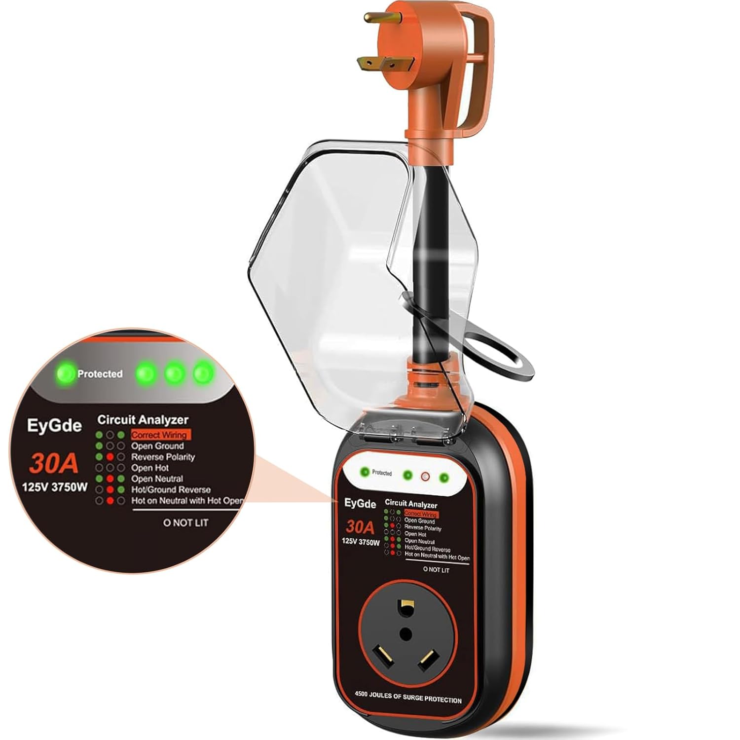 EyGde RV Surge Protector 30 Amp - 30Amp Circuit Analyzer with Waterproof Cover, Integrated Voltage Protection Anti-Theft Auto Power Guard for 30A Adapter Plug Camper Travel...