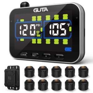 GUTA Trailer Tire Pressure Monitoring System, RV Tire Pressure Monitor with 10 Sensors, 6 Alert Modes, Signal Booster, Large Color Display, Long Sensing Distance, 0-188PSI TPMS...