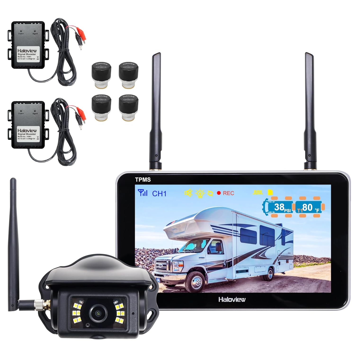 Haloview Byte Tango BT7 TPMS with 4 Sensors 1080P Wireless Backup Camera Monitor with Integrated Rv Tire Pressure Monitoring System, Ideal for RV Truck Trailer Camper TPMS-4