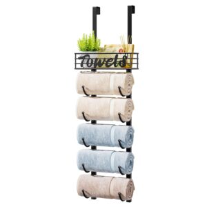 HapiRm Bathroom Towel Rack Holder - 6-Tier Over The Door & Wall Mount Rolled Towel Storage Organizer with Metal Shelf Basket for Small Bathroom, Camper, Rv - Black, Patented