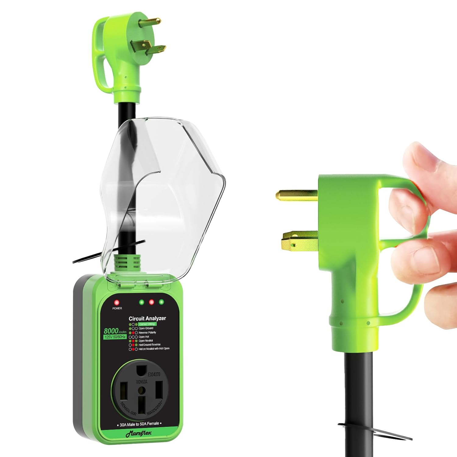 Marsflex Rv Surge Protector, 30 Amp to 50 Amp Rv Circuit Analyzer,8000 Joules Surge Protection with Waterproof Cover, TT-30P Male to 14-50R Female Plug, for rvs Camper, Travel...