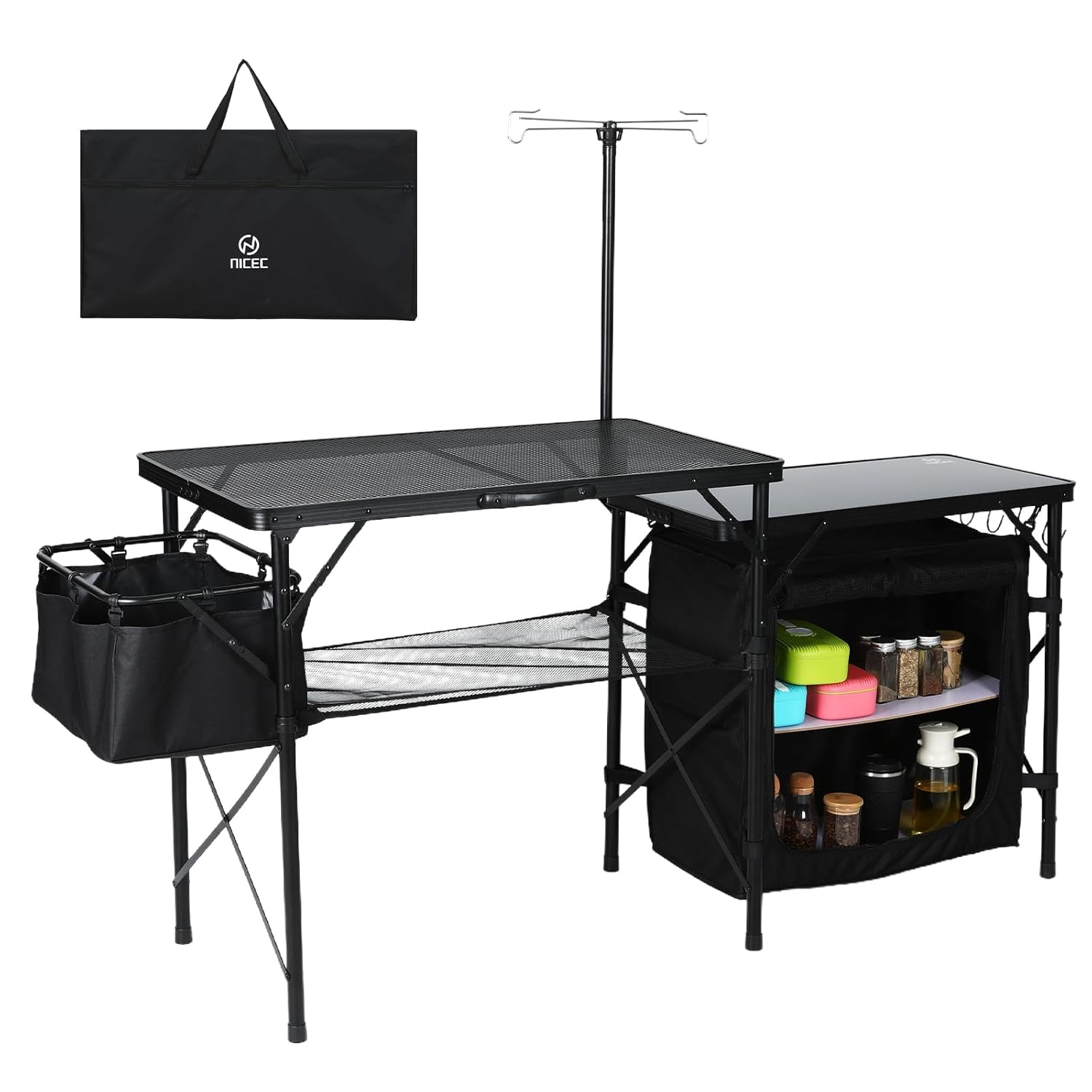 Nice C Camping Kitchen Table, Portable Folding Camp Cook Station, Storage Organizer, with Light Poles, Storage, Side Bag, Side Hooks, for Outdoor, Picnic, Beach, RV Traveling...