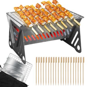 Outdoor Stainless Steel Camping Grill Folding Barbecue Grills Mini Portable Camping Grill with Bamboo chopsticks/Storage bag, Small Assemblable Removable BBQ Grill Tabletop Fire...