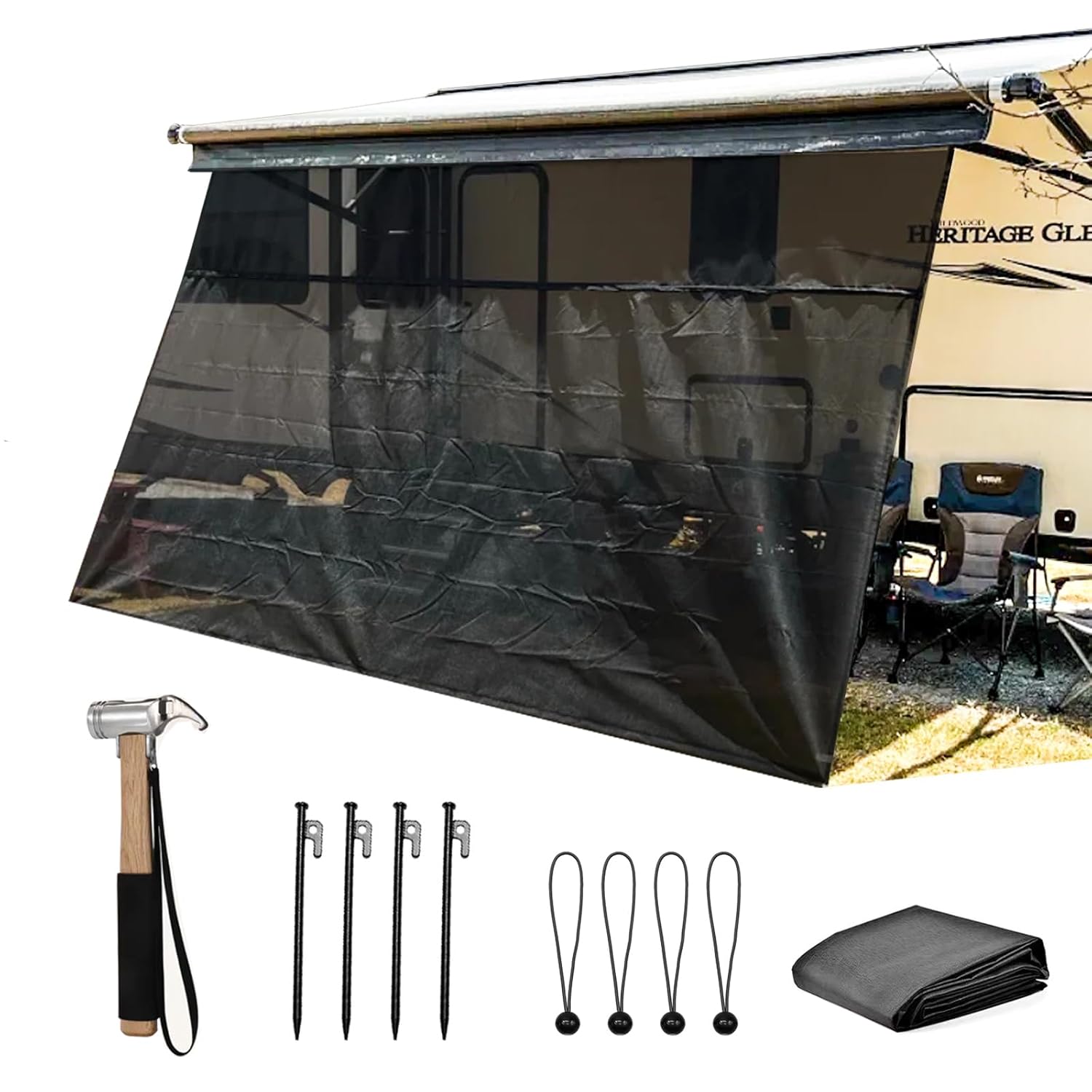 RV Awning Shade Screen with Zipper 9'X10'3'' - Black Mesh Camper Awning Shade Screen, Universal Trailer Camper RV Awning Sun Shade Screen - Comes with Ground Nail Hammer Set