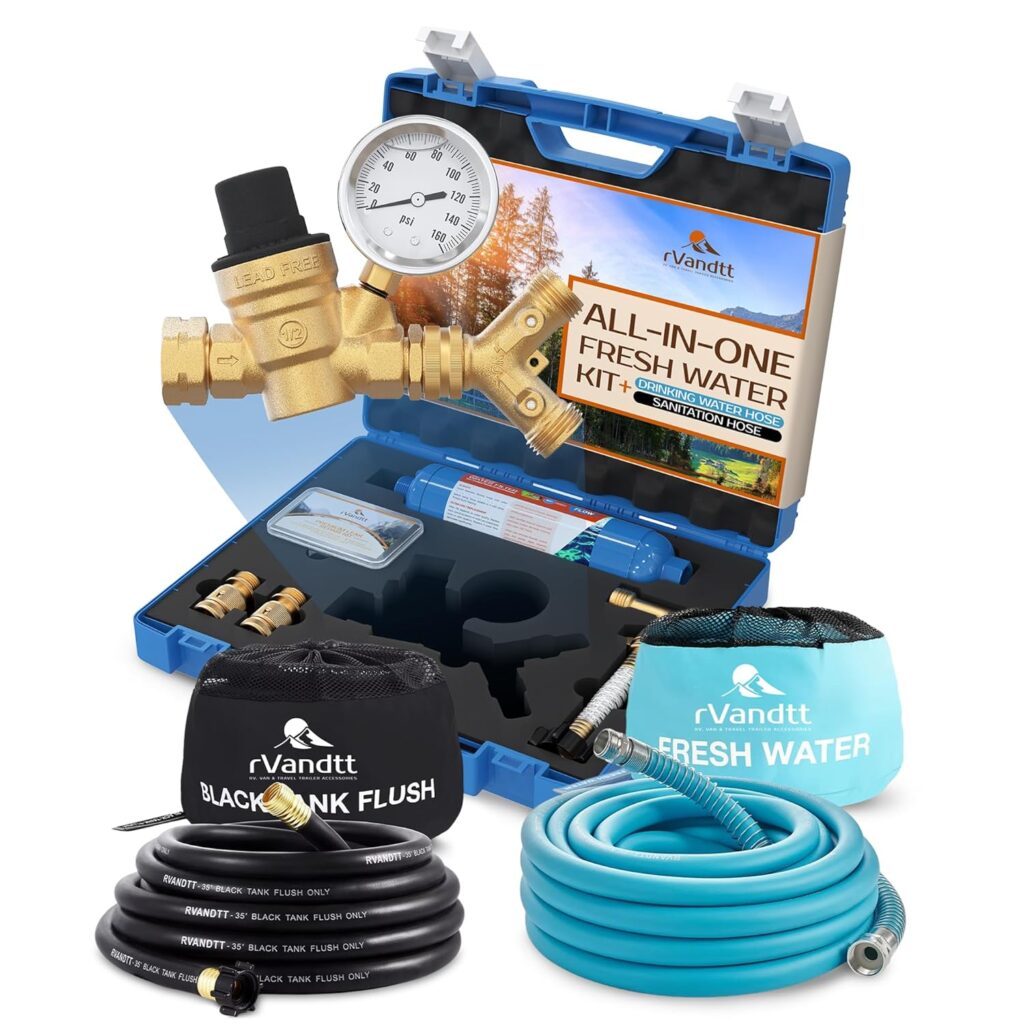 RV Fresh Water Kit w/Drinking & Santation Hose - RV Water Pressure Regulator, Filter, Hose Connectors, Leak Repair Kit, Carrying Case, 35' Drinking Water & Sanitation Hose RV Fresh Water Kit w/Drinking & Santation Hose - RV Water Pressure Regulator, Filter, Hose Connectors, Leak Repair Kit, Carrying Case, 35' Drinking Water & Sanitation Hose