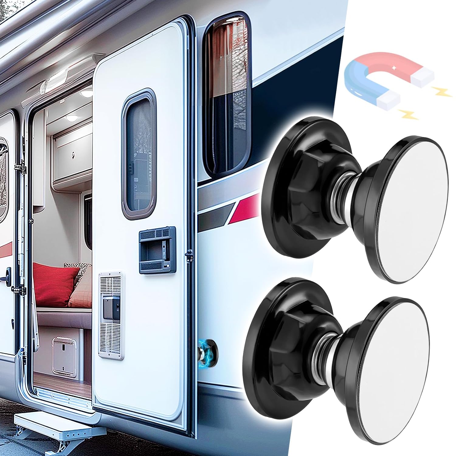 RV Magnetic Door Catch with Adhesives Screws - Easy to Install Camper Trailer Door Holder, Sturdy Stopper for RV Accessories, 2 Pack