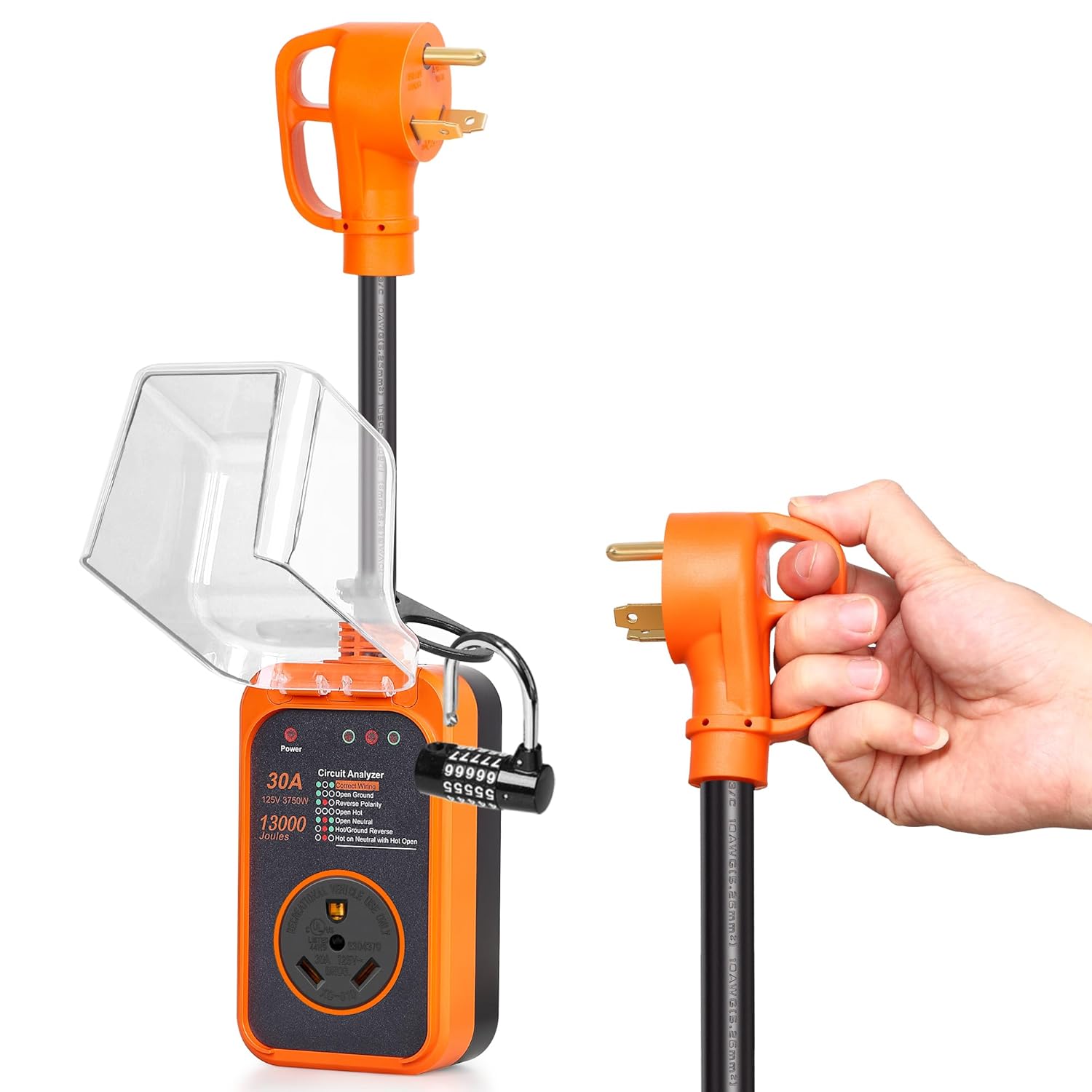 RV Surge Protector 30 Amp, Upgraded 13000 Joules RV Circuit Analyzer with Anti-Theft Lock, IP67 Waterproof RV Adapter Plug Voltage Protector for Camper, Yellow