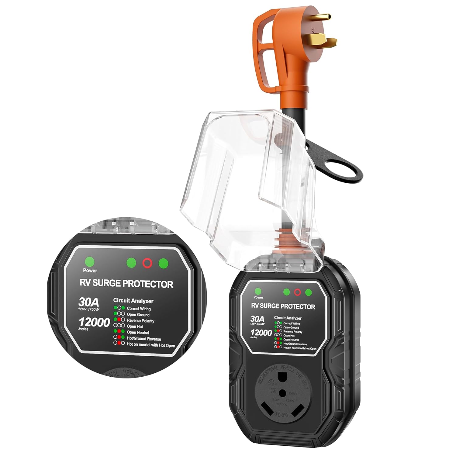 RV Surge Protectors 30 Amp, 12000 Joules Surge Protection RV Circuit Analyzer RV Electrical System with IP68 Waterproof Cover, RV Adapter Plug for Camper Travel Trailers