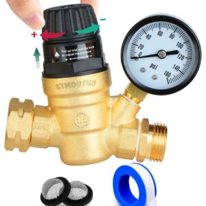 RV Water Pressure Regulator for RV Camper. Brass Lead-Free Adjustable Camper Water Pressure Regulator with 0-160 PSI Gauge ，Reducer Valve W Filter，Package includes 1 raw tape...