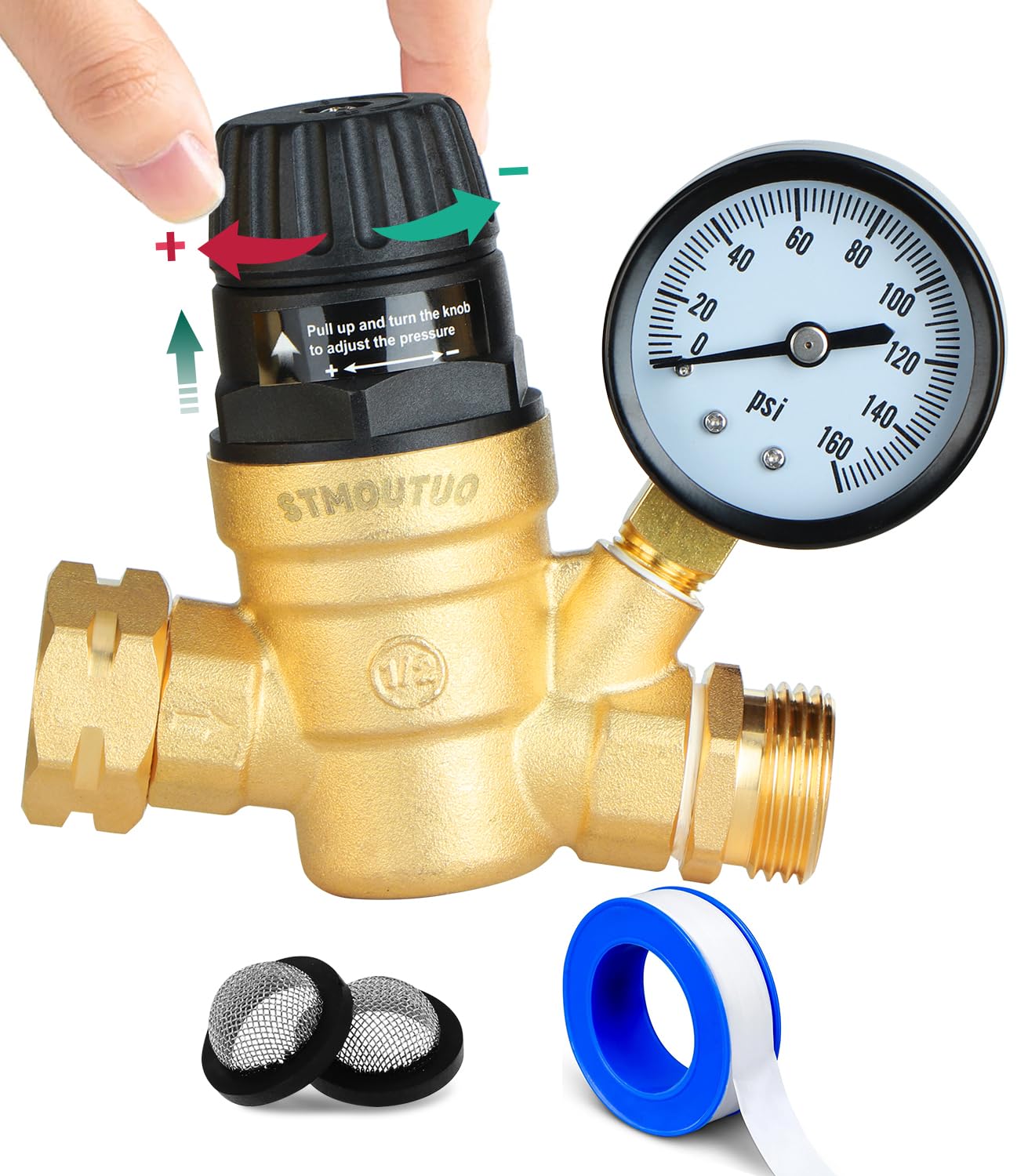 RV Water Pressure Regulator for RV Camper. Brass Lead-Free Adjustable Camper Water Pressure Regulator with 0-160 PSI Gauge ,Reducer Valve W Filter,Package includes 1 raw tape...