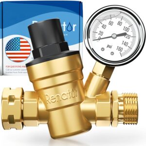 RV Water Pressure Regulator for RV Camper. Brass Lead-free Adjustable Water Pressure Regulator with Gauge for Camper Travel Trailer, Reducer Valve W Filter. M11-0660R.