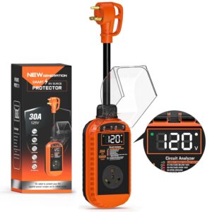 Smart RV Surge Protector 30 Amp with Auto Shutoff & Reset, 10,000J 30 Amp RV Surge Protector with LED Display, Voltage & Temperature Protection, IP67 Waterproof