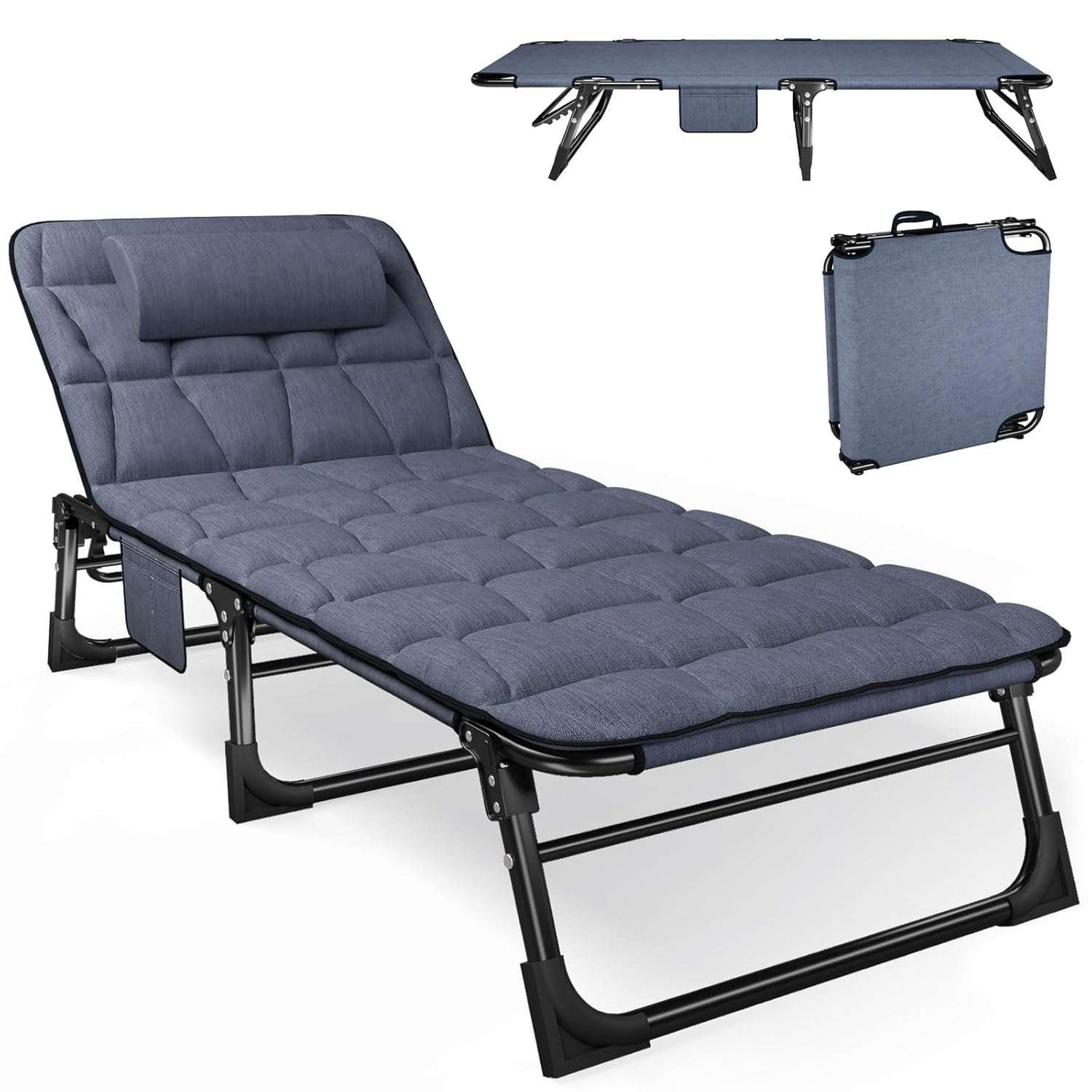 ATORPOK Folding Camping Cot for Adults with Padded Mattress and Pillow, Adjustable Reclining Lounger Sleeping Cot Bed, Ideal for Camping, Travel, Garden, or Office Use, Blue