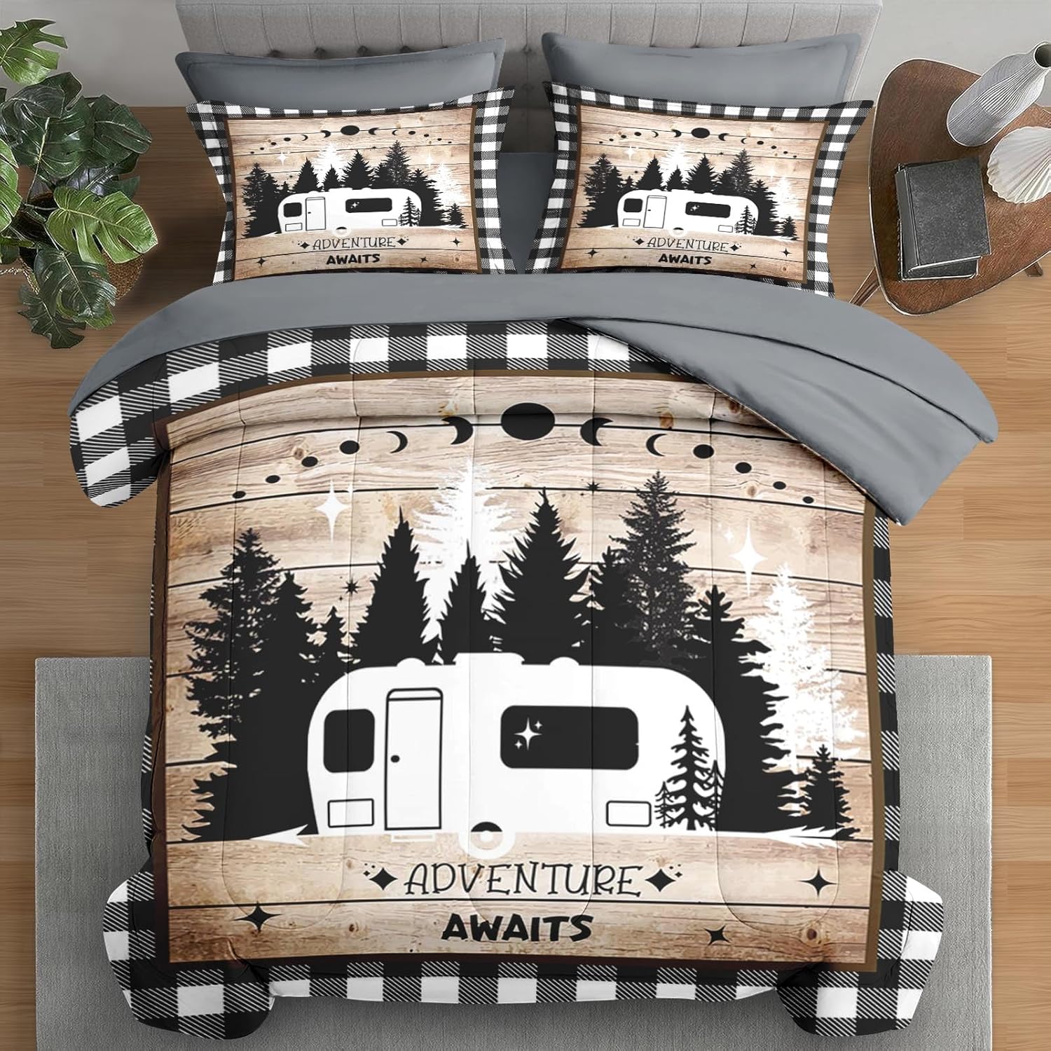 Comforter Set Queen Size, Camper Rv Camping Car 7 Pcs Bedding for Kids and Adults, Truck Funny Grey Bed Sheet Sets with Fitted Sheet 2 Pillowcases & 2 Shams for Bedroom Bed Decor