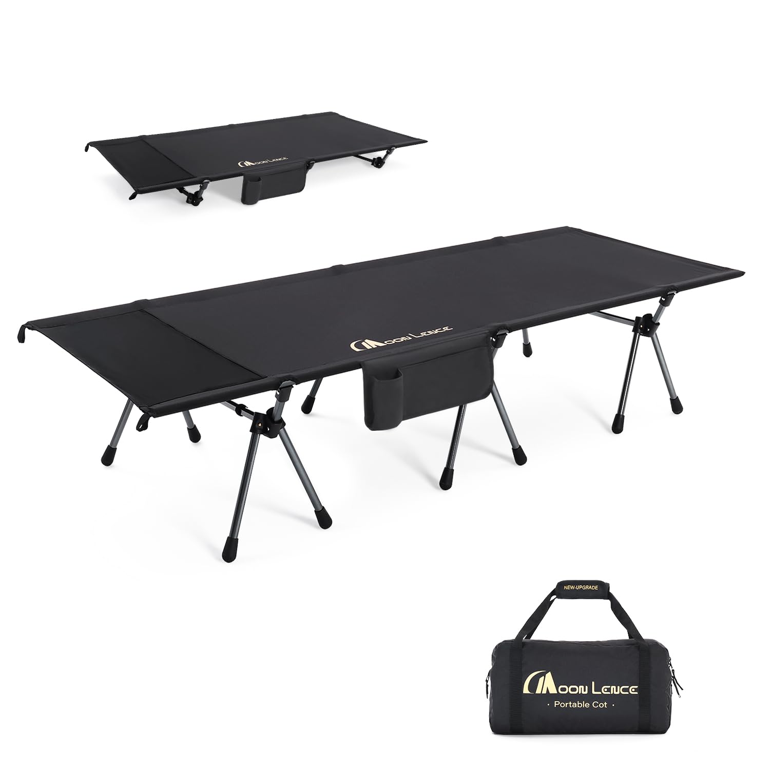 MOON LENCE Height Adjustable Camping Cot - Supports 330 lbs, Portable Folding Bed with Leg Extenders for Camping, Hiking, Sleeping, 1 Pack, Black