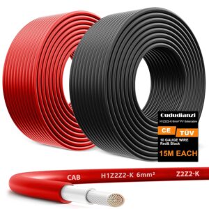 Oududianzi 2x50 Feet Solar Panel Wire, 10AWG Solar Wire Tinned Copper 10 Gauge Solar Cable PV Wire, for Outdoor Automotive RV Solar Panels Boat Marine (50FT Red + 50FT Black)