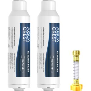 AQUA CREST RV Inline Hose Water Filter, Garden and Camper, NSF Certified, Greatly Reduces Chlorine, Bad Taste, Odor, 2 Pack with Hose Protector (Package May Vary)