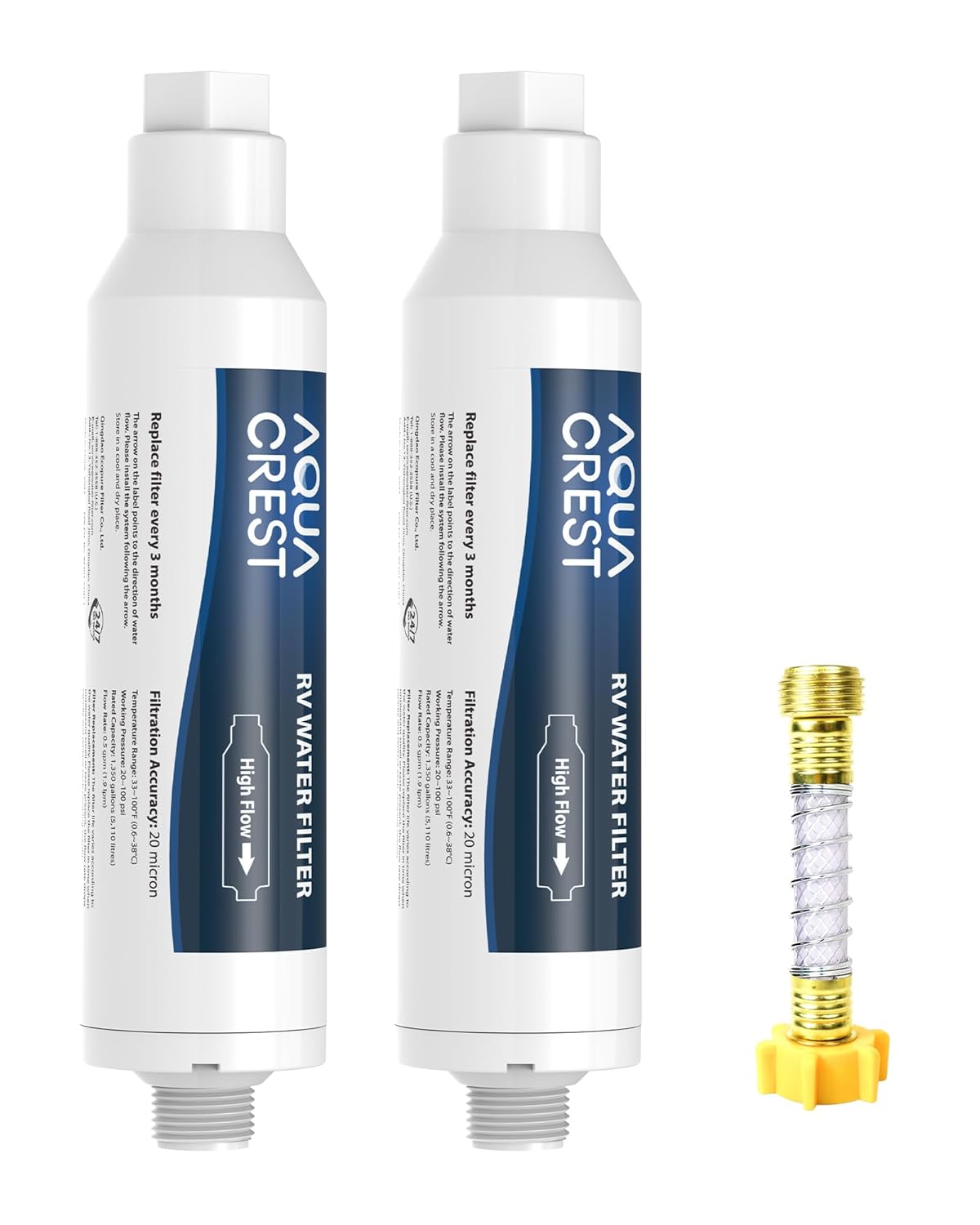 AQUA CREST RV Inline Hose Water Filter, Garden and Camper, NSF Certified, Greatly Reduces Chlorine, Bad Taste, Odor, 2 Pack with Hose Protector (Package May Vary)