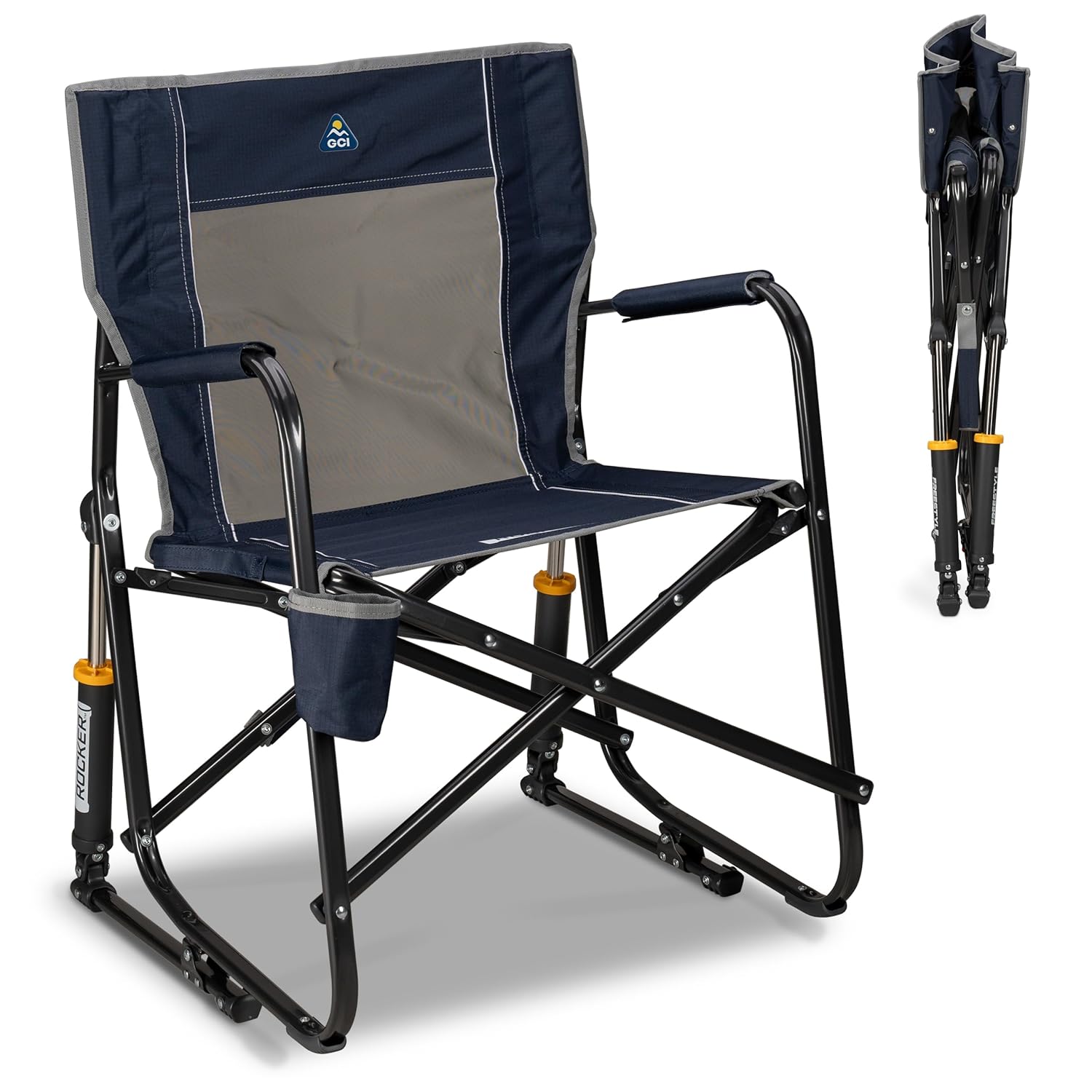 GCI Outdoor Freestyle Rocker Camping Chair | Portable Folding Rocking Chair with Solid, Durable Armrests, Drink Holder & Comfortable Backrest — Indigo Blue
