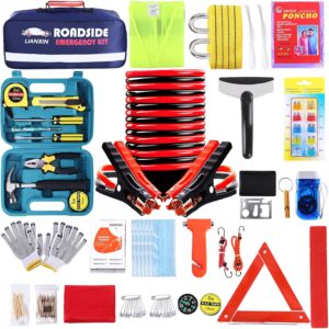 Roadside Assistance Emergency Kit - Car Emergency Kit with Jumper Cables (Upgraded) Emergency Roadside Kit for Car 142 Pieces Car Safety Kits,Tow Strap,Tool Kit,Reflective...